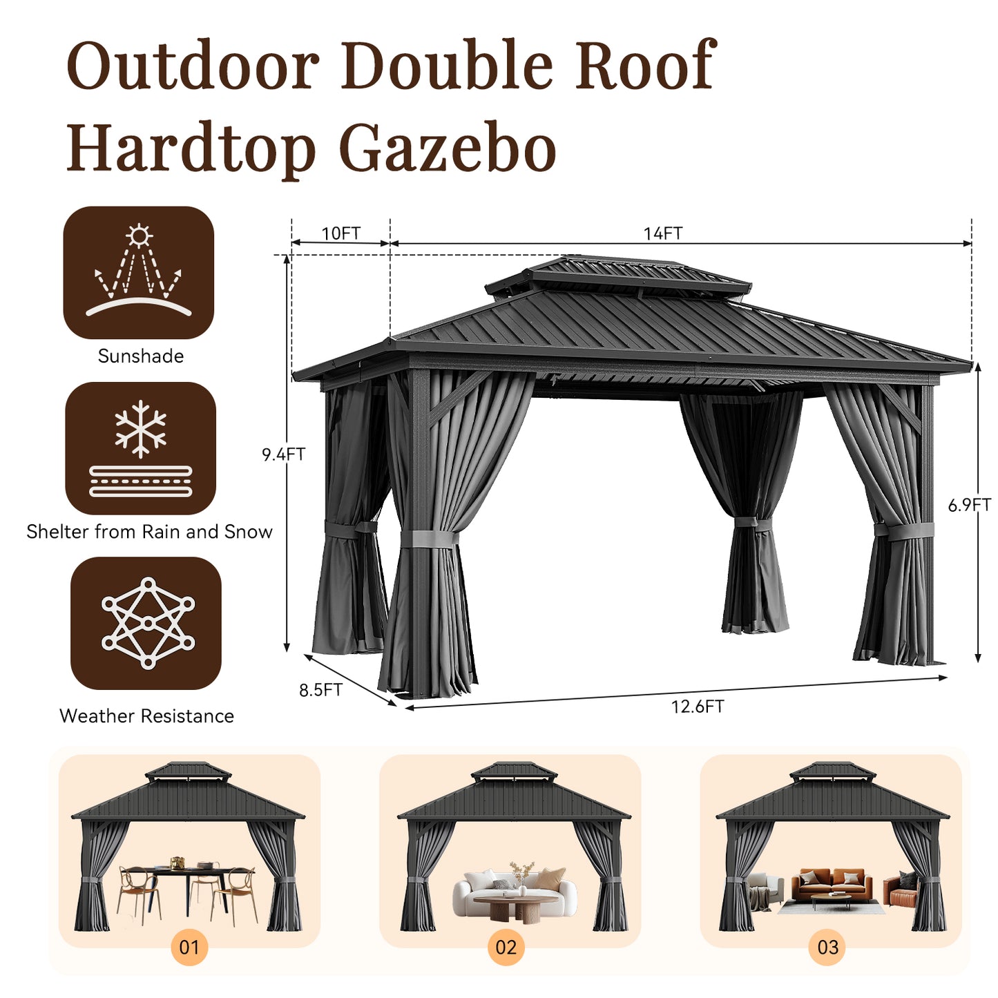 14 Ft. W X 10 Ft. D Patio Gazebo With Double Roof
