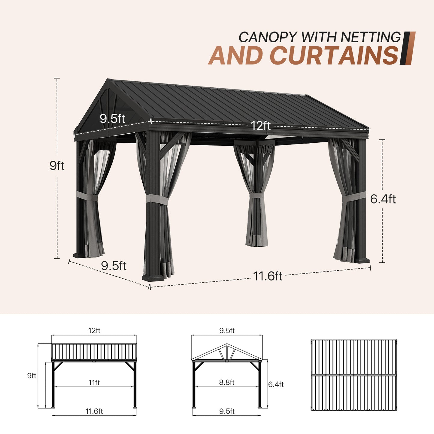 Metal Gazebo 12 Feet Wide X 10 Feet Deep Patio Pergola By JolyDale