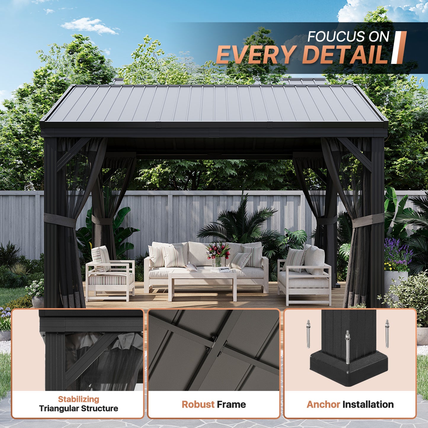 Metal Gazebo 12 Feet Wide X 10 Feet Deep Patio Pergola By JolyDale