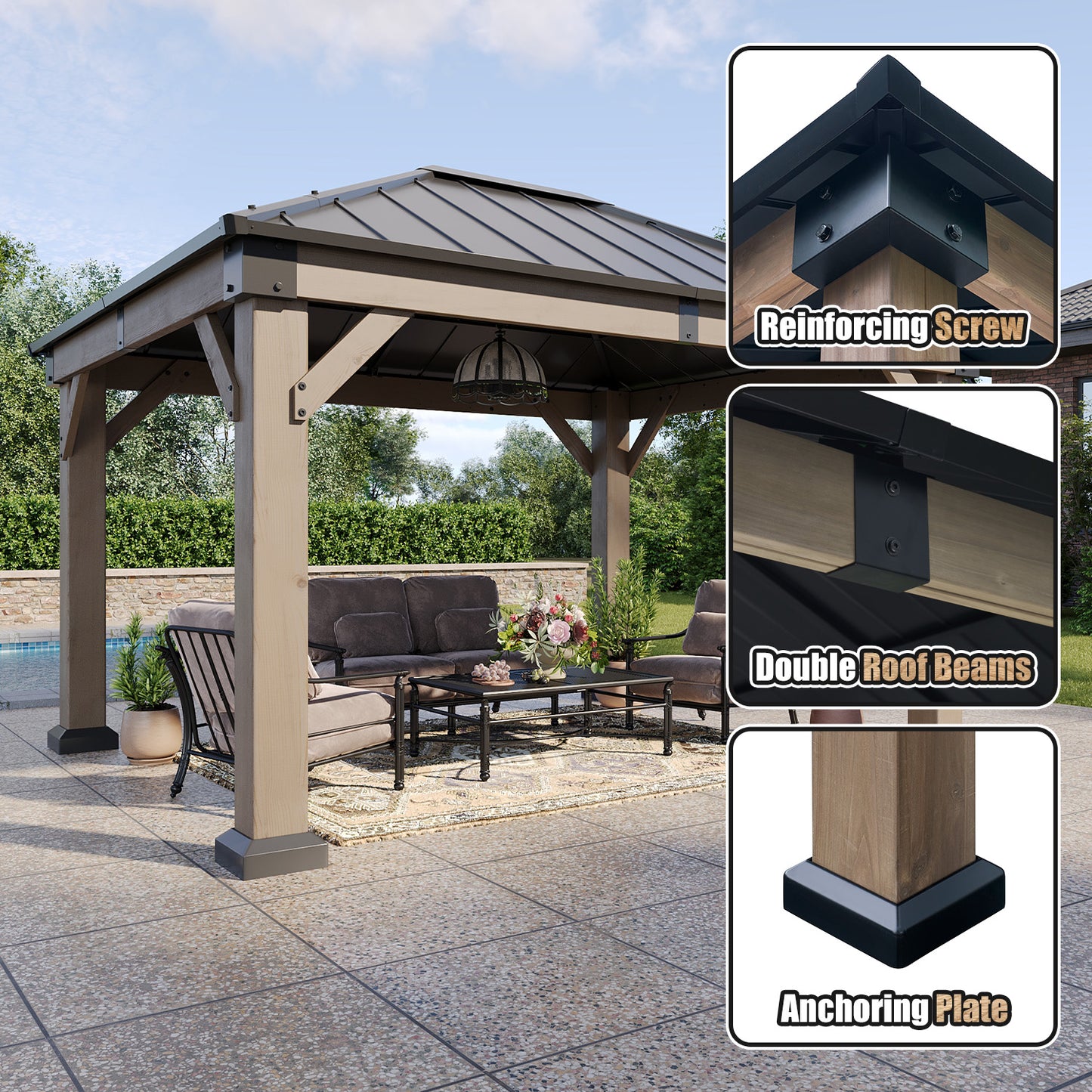 Jolydale 12 X 10 Ft. Soild Wood Gazebo Steel Hardtop Roof Gazebos