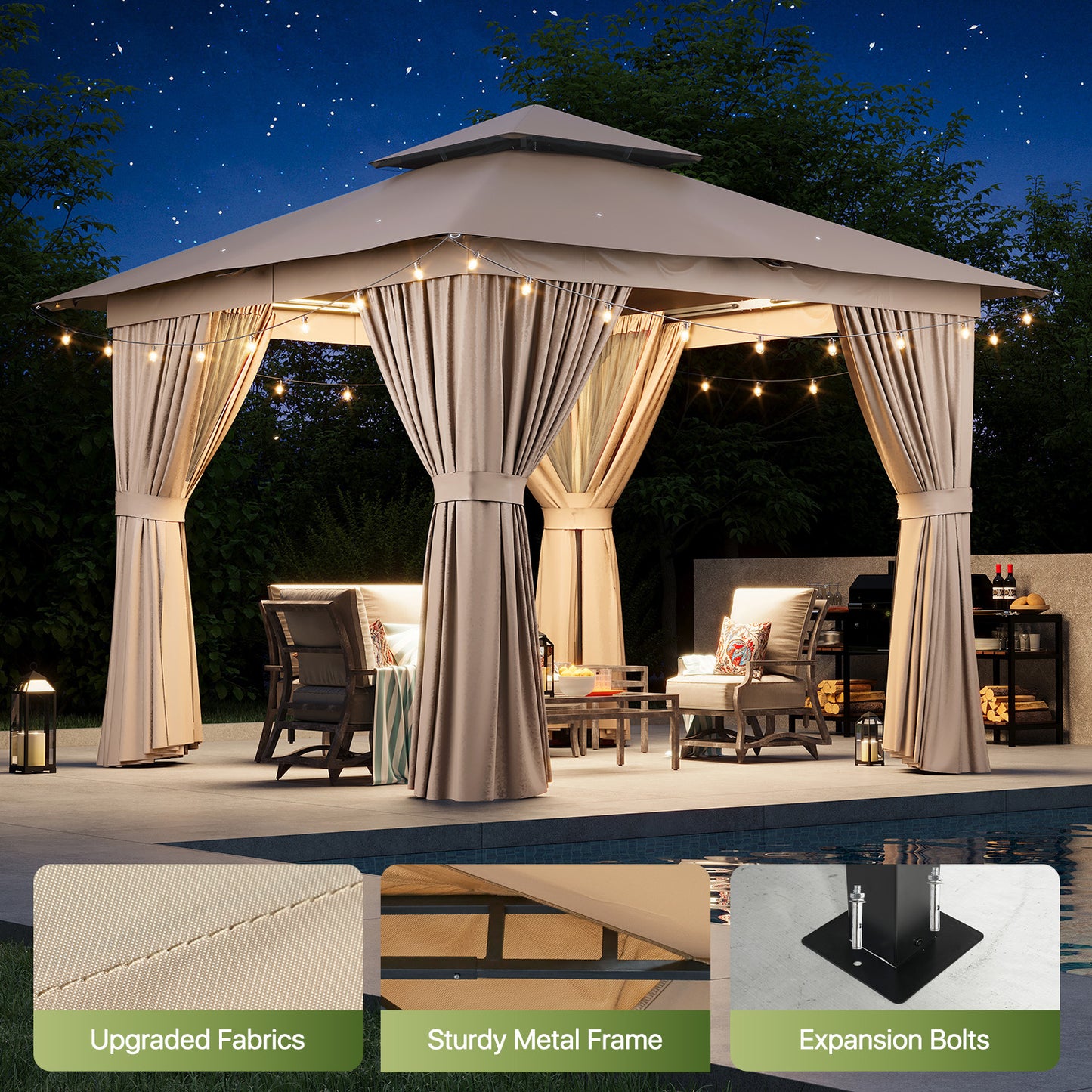 Jolydale 8x8 Ft Outdoor Gazebo With Double Roof, Patio Canopy With Mosquito Netting And Curtains, Suitable For Patios, Lawn And Backyard
