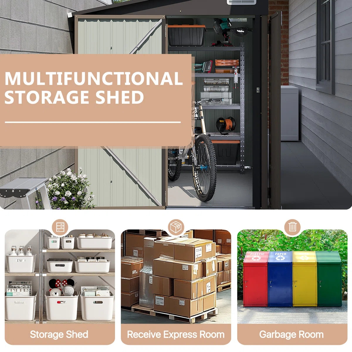Metal Lean-to Storage Shed with Three Doors