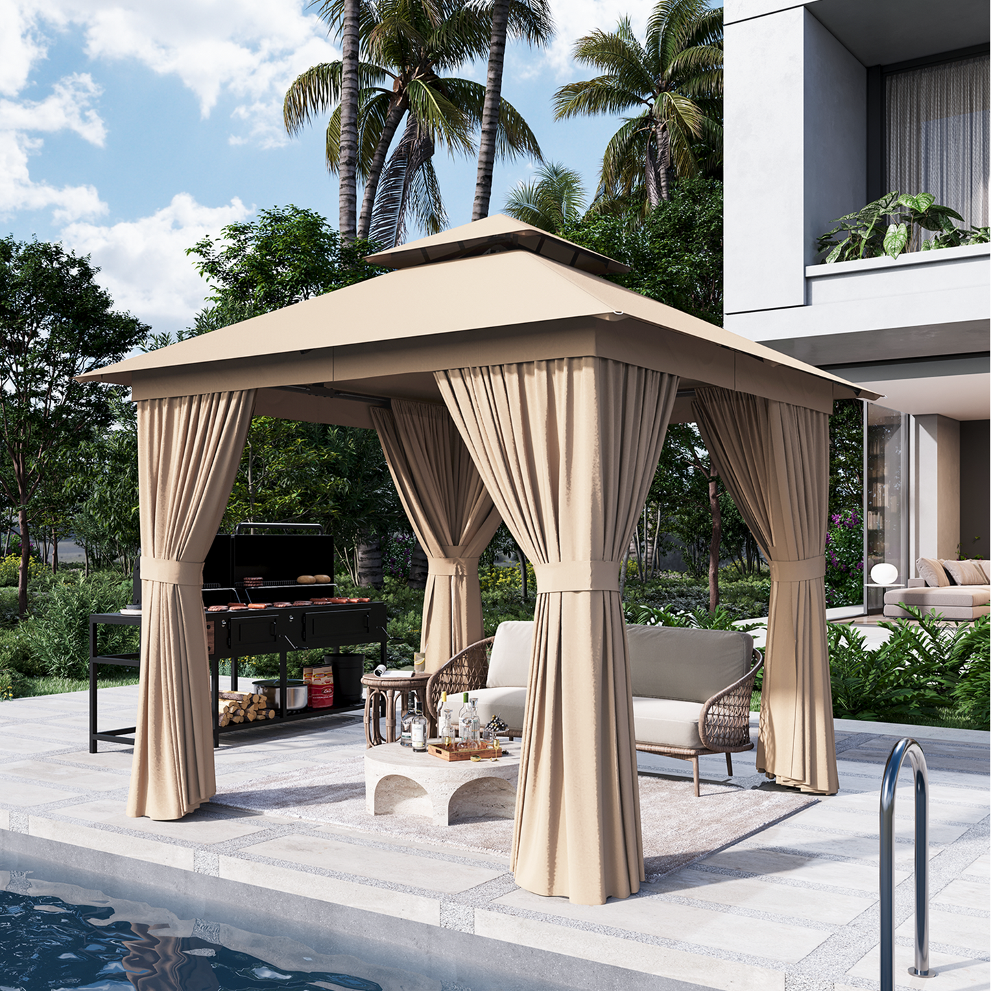 8x8 Ft Outdoor Gazebo With Double Roof, Patio Canopy With Mosquito Netting And Curtains, Suitable For Patios, Lawn And Backyard