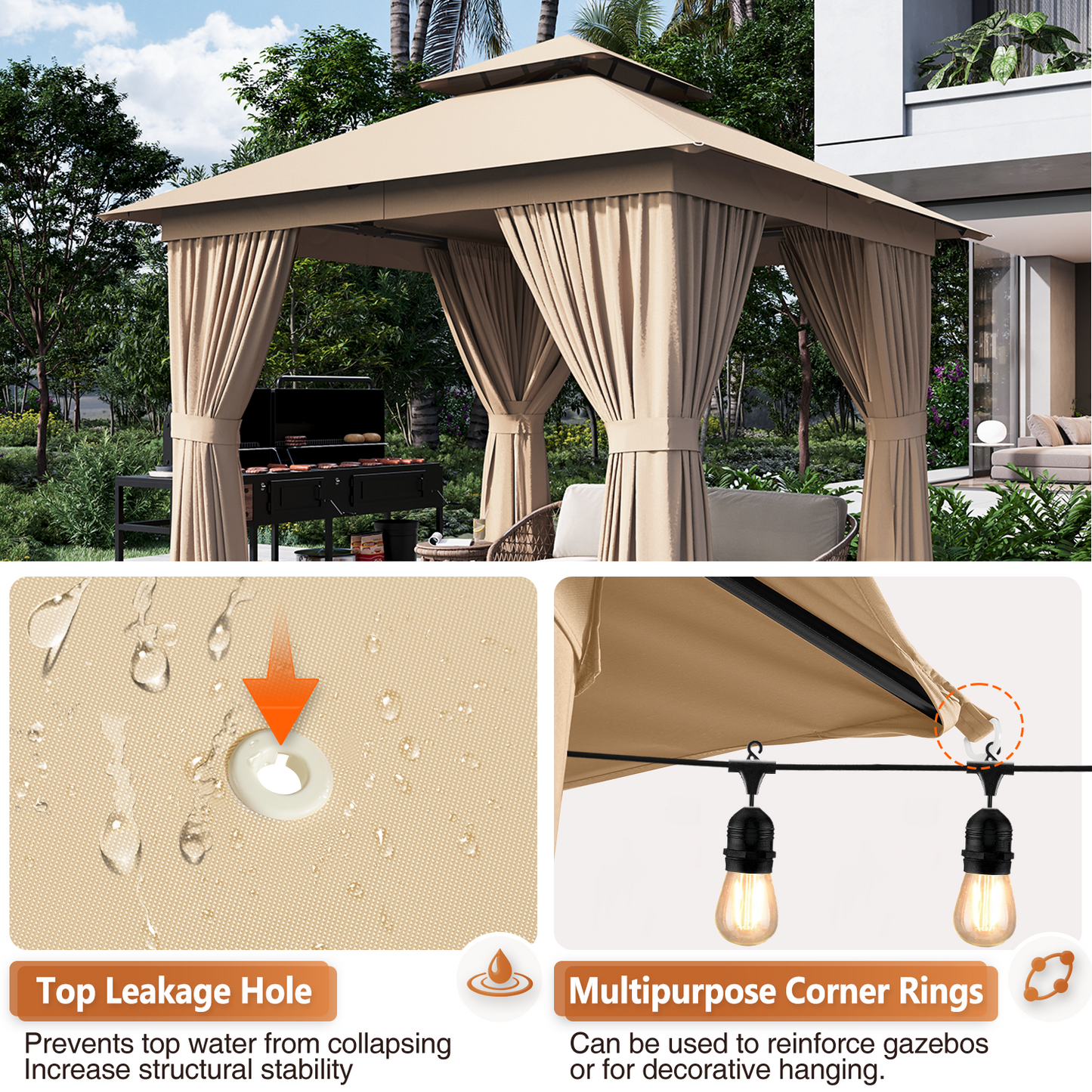 8x8 Ft Outdoor Gazebo With Double Roof, Patio Canopy With Mosquito Netting And Curtains, Suitable For Patios, Lawn And Backyard