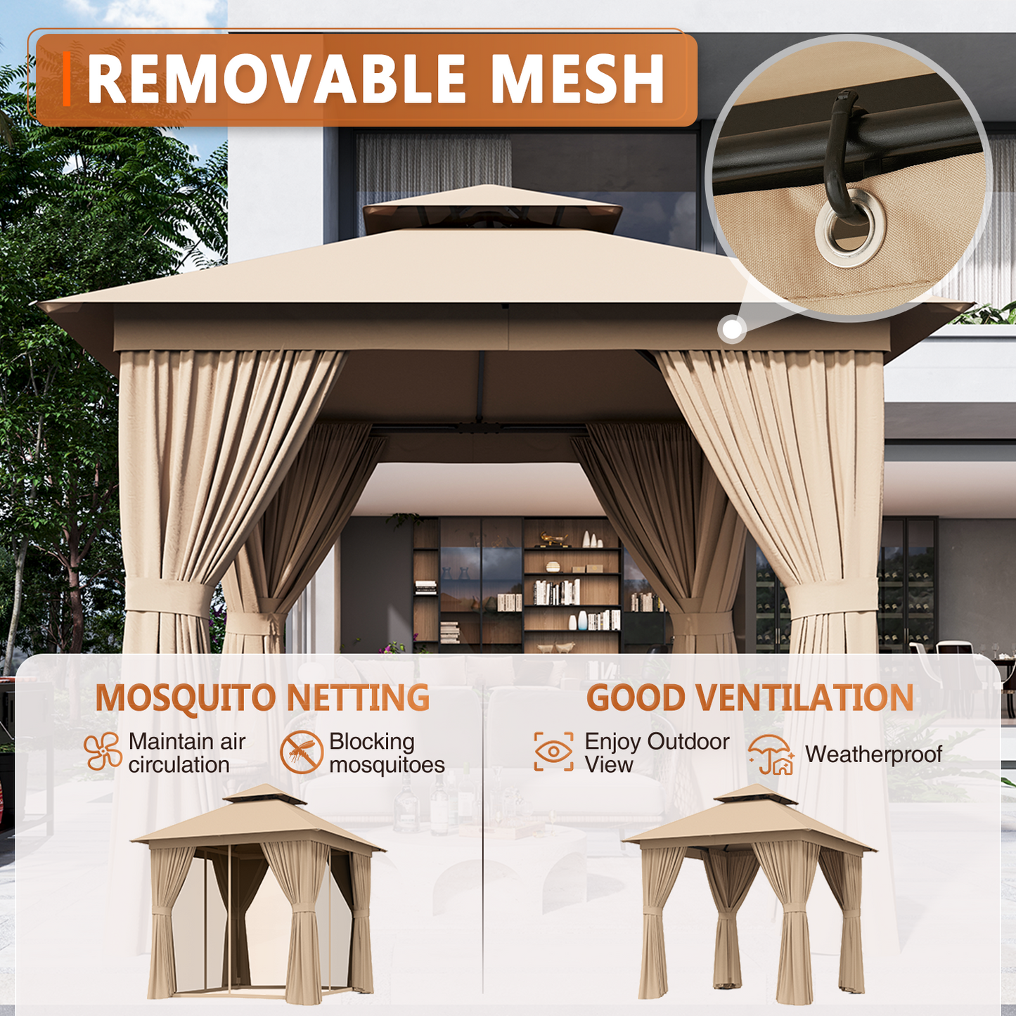 8x8 Ft Outdoor Gazebo With Double Roof, Patio Canopy With Mosquito Netting And Curtains, Suitable For Patios, Lawn And Backyard