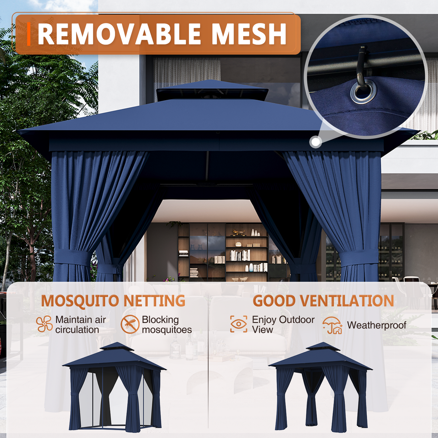 8x8 Ft Outdoor Gazebo With Double Roof, Patio Canopy With Mosquito Netting And Curtains, Suitable For Patios, Lawn And Backyard