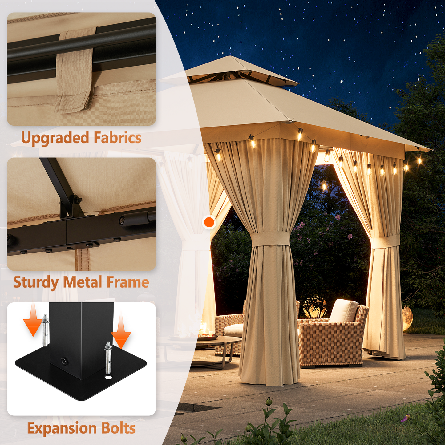 8x8 Ft Outdoor Gazebo With Double Roof, Patio Canopy With Mosquito Netting And Curtains, Suitable For Patios, Lawn And Backyard