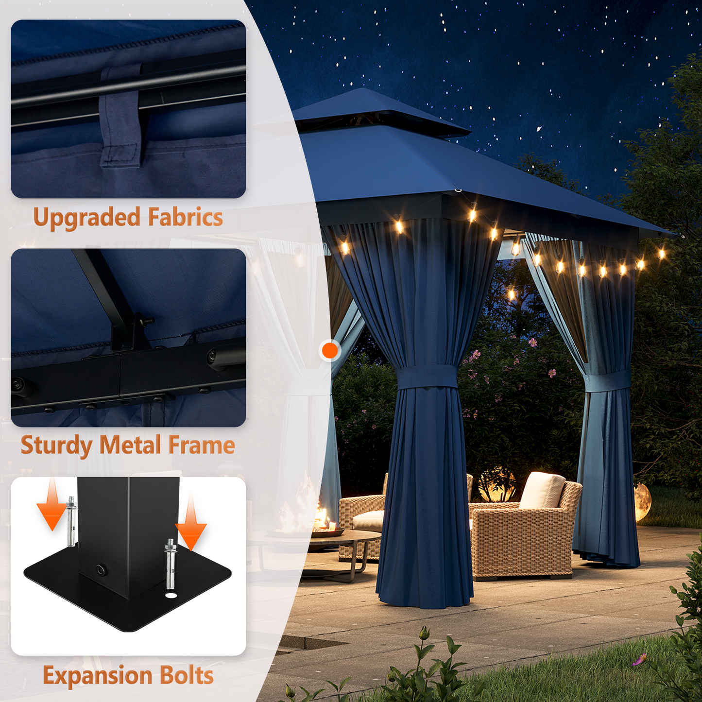 8x8 Ft Outdoor Gazebo With Double Roof, Patio Canopy With Mosquito Netting And Curtains, Suitable For Patios, Lawn And Backyard