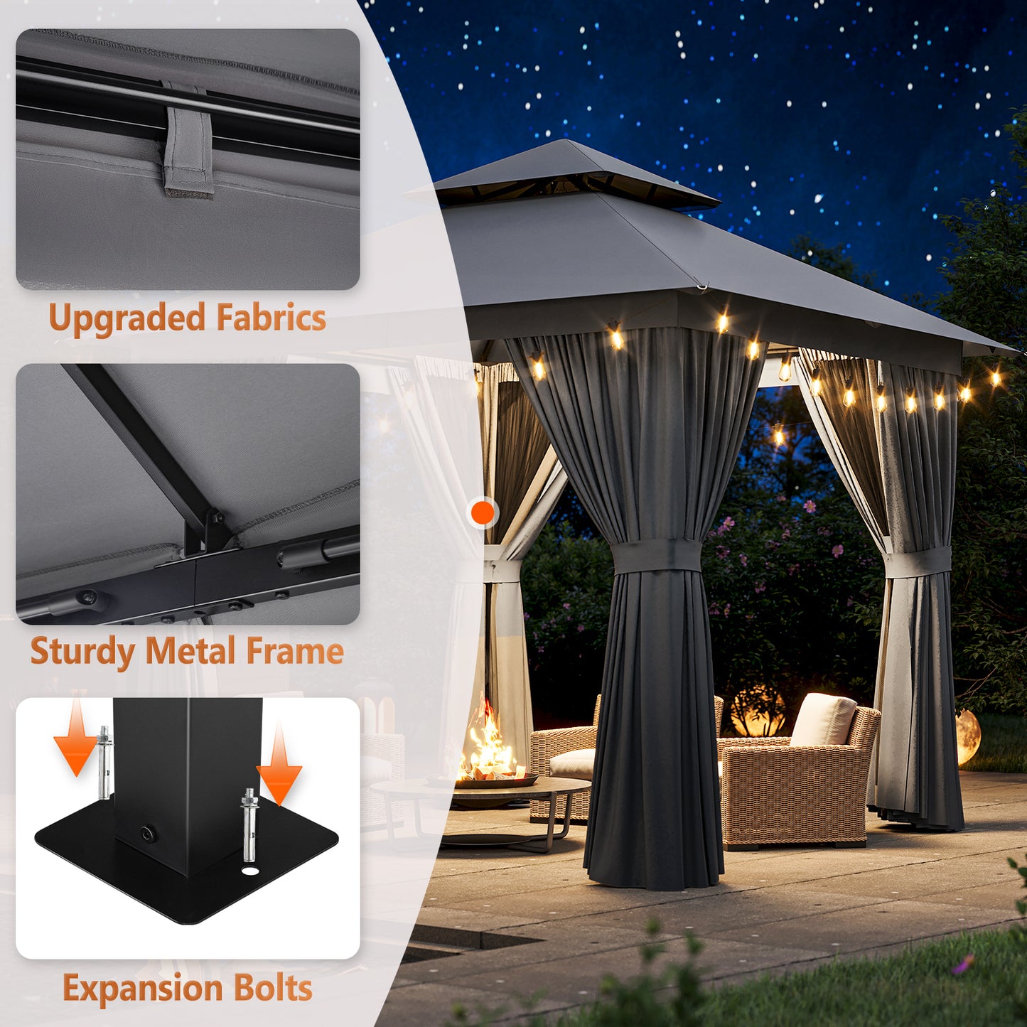 8x8 Ft Outdoor Gazebo With Double Roof, Patio Canopy With Mosquito Netting And Curtains, Suitable For Patios, Lawn And Backyard