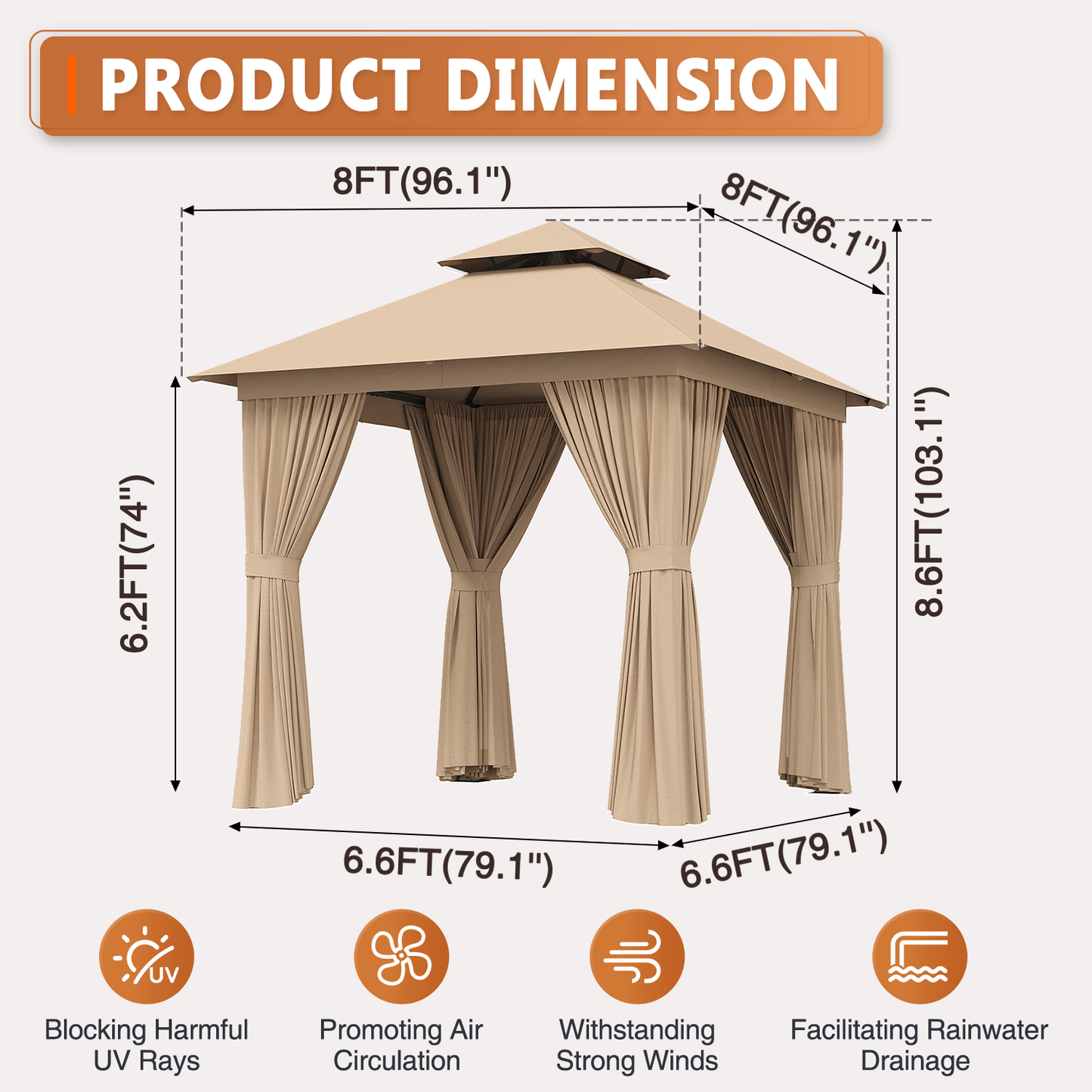 8x8 Ft Outdoor Gazebo With Double Roof, Patio Canopy With Mosquito Netting And Curtains, Suitable For Patios, Lawn And Backyard