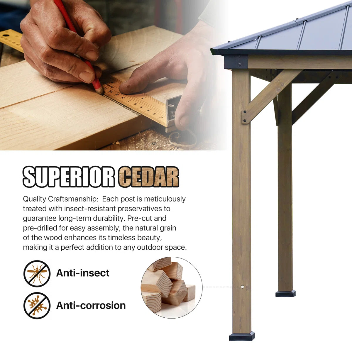 Jolydale Soild Wood Gazebo, Hardtop Gazebo With Galvanized Steel Double Roof, Suitable For Patios, Lawn And Backyard