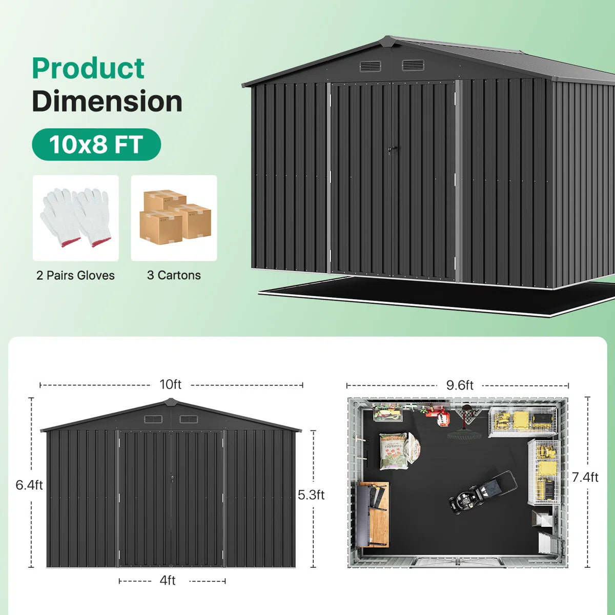 10.0 Ft. W X 8.0 Ft. D Steel Storage Shed With Door Lock And Floor