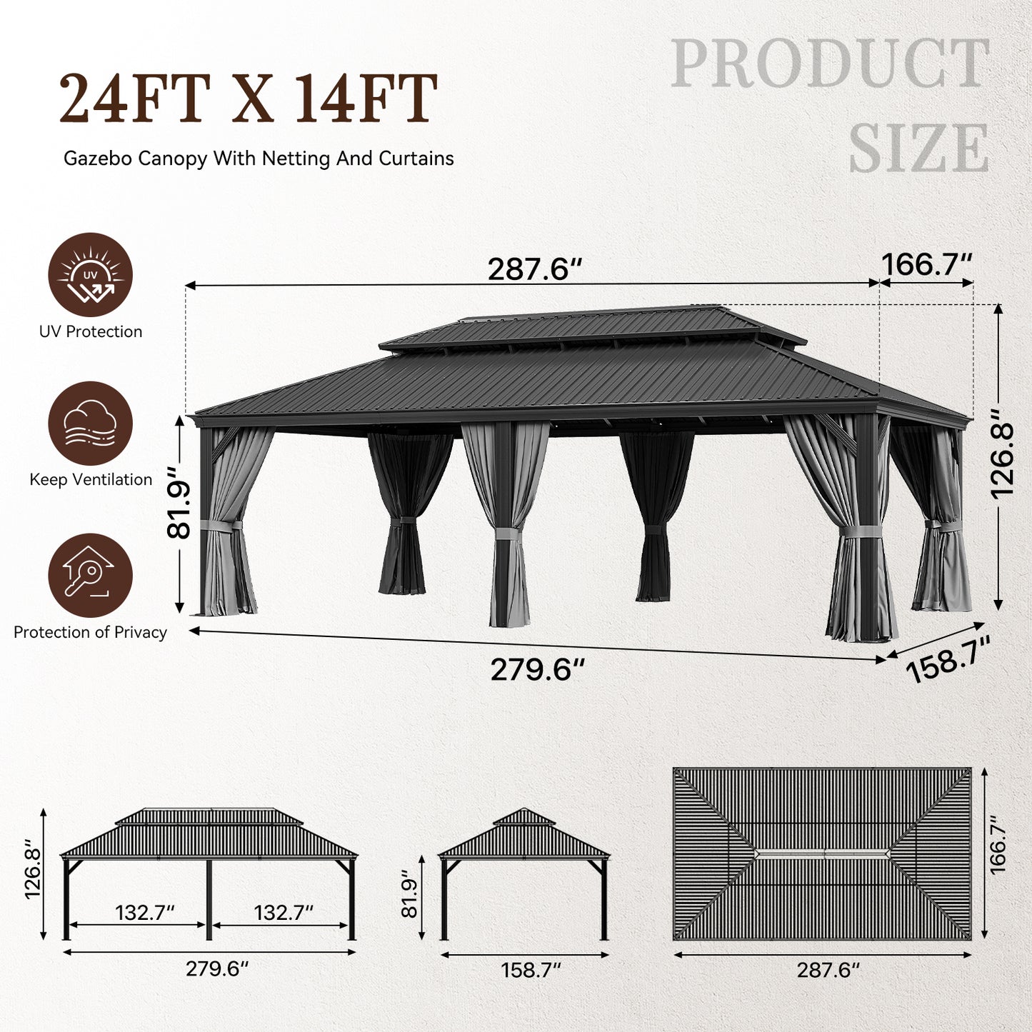 24 Ft. W X 14 Ft. D Metal With Water Guide Roof, 4.7inch Aluminum Post Patio Gazebo