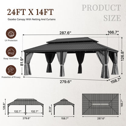 24 Ft. W X 14 Ft. D Metal With Water Guide Roof, 4.7inch Aluminum Post Patio Gazebo