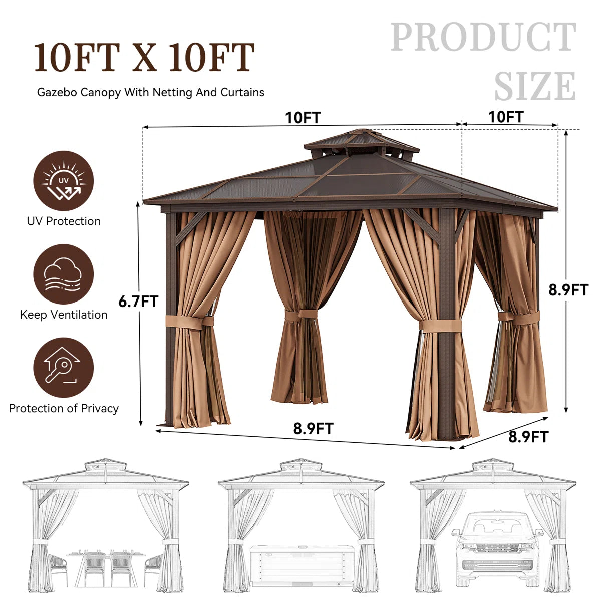 10 Ft. W X 10 Ft. D Hardtop Patio Gazebo With Double Roof