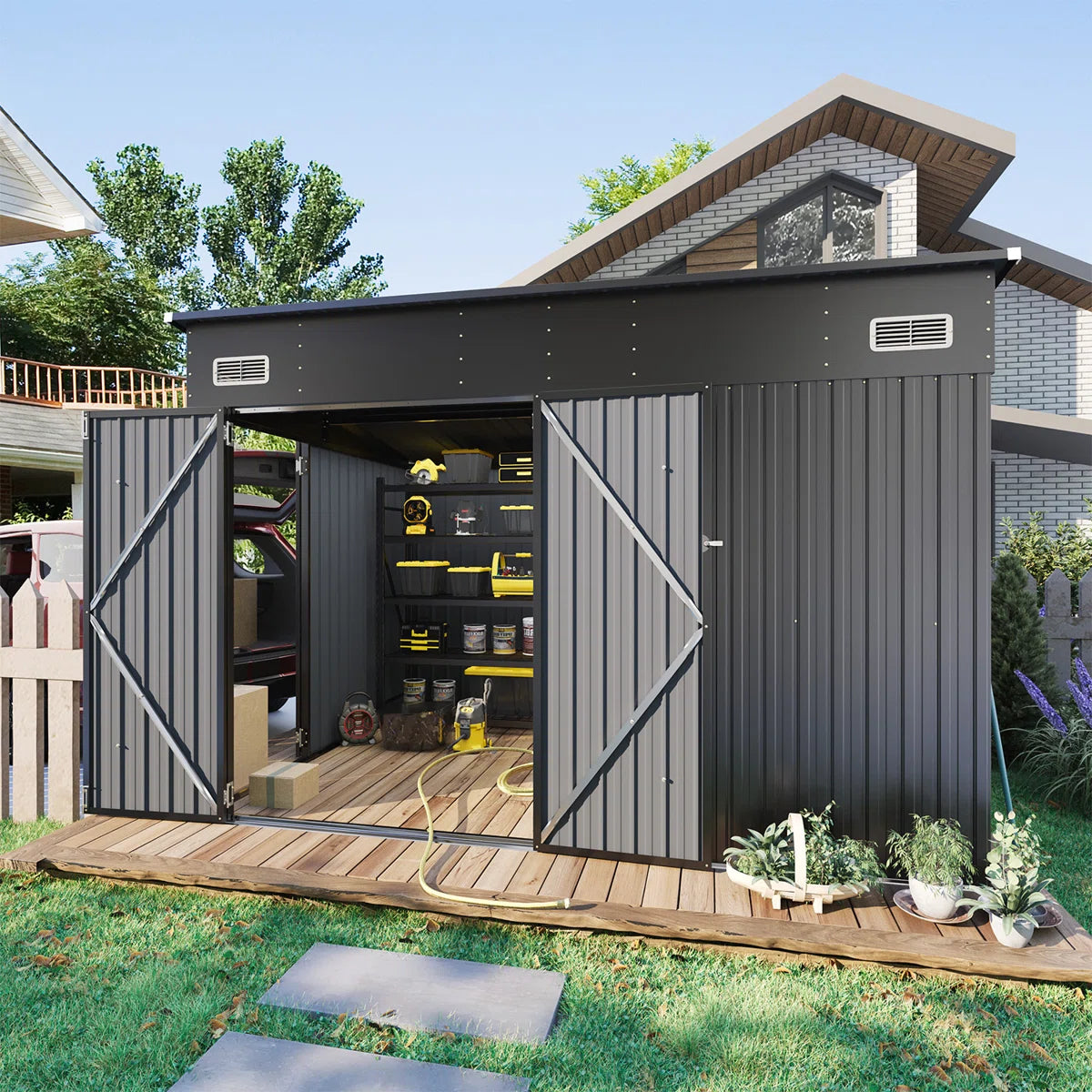 10 Ft. W X 8 Ft. D Metal Lean-to Storage Shed With Three Doors