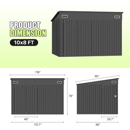 10 Ft. W X 8 Ft. D Metal Lean-to Storage Shed With Three Doors