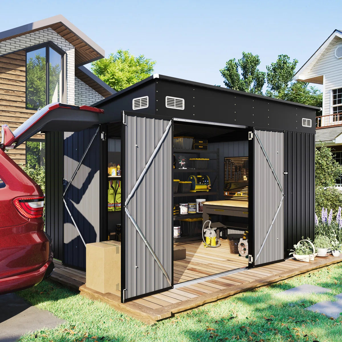 10 Ft. W X 8 Ft. D Metal Lean-to Storage Shed With Three Doors