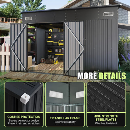 10 Ft. W X 8 Ft. D Metal Lean-to Storage Shed With Three Doors