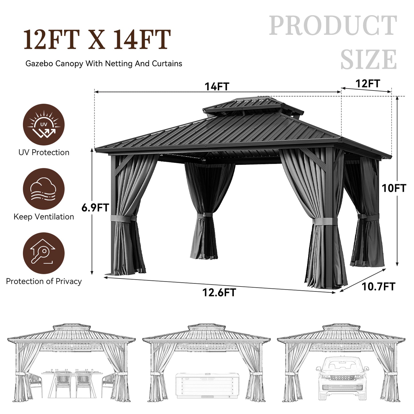 14 Ft. W x 12 Ft. D Metal Patio Gazebo