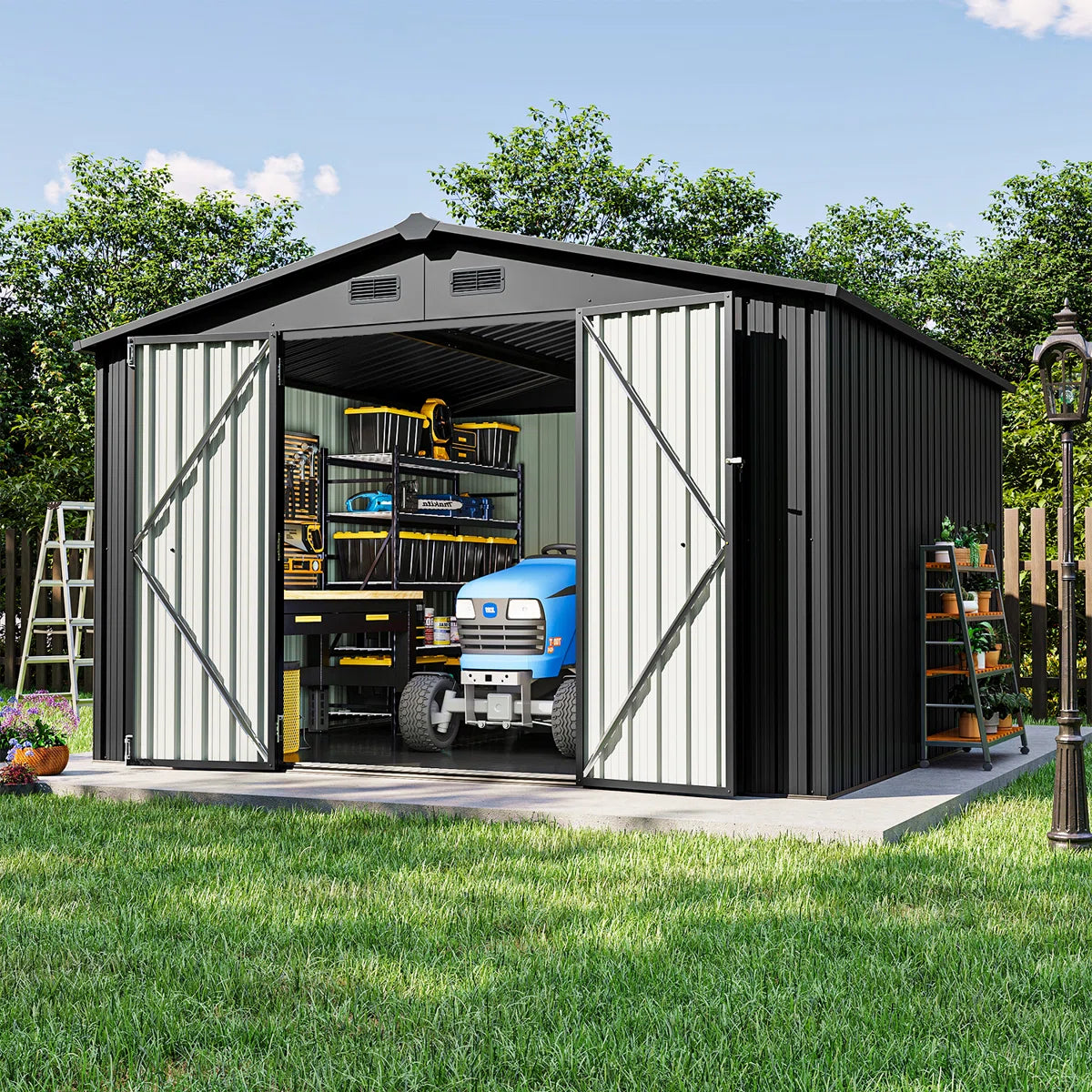 10 ft. W x 10 ft. D Outdoor Metal Storage Shed With Door Lock and Floor