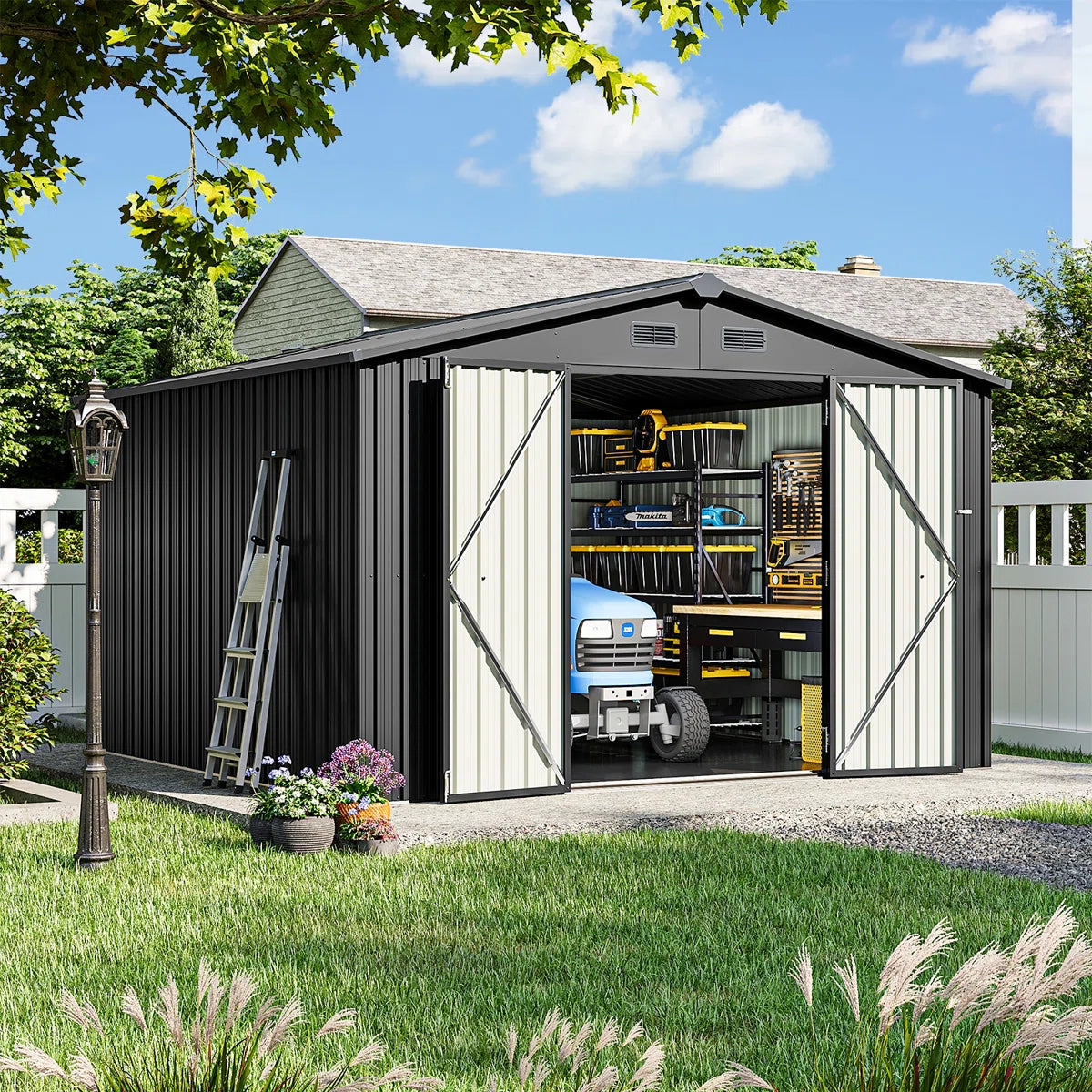 10 ft. W x 10 ft. D Outdoor Metal Storage Shed With Door Lock and Floor