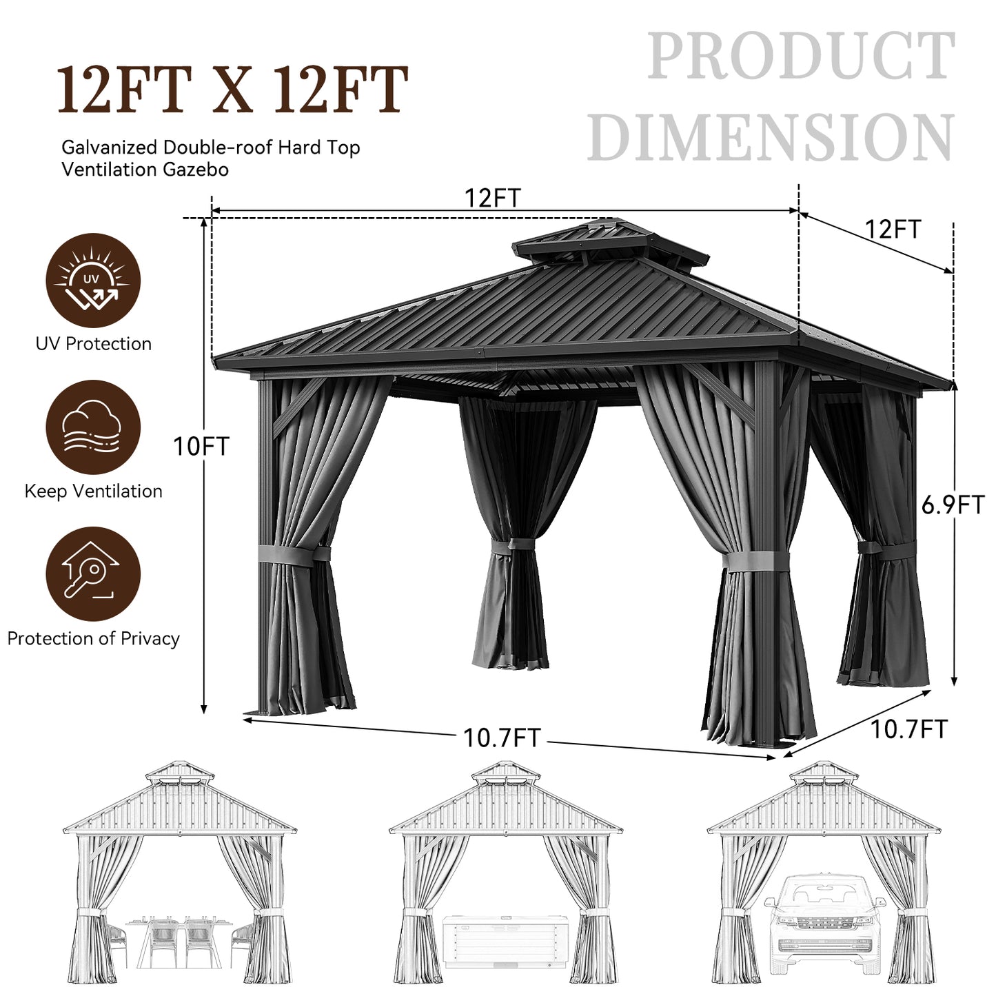 12 Ft. W X 12 Ft. D Patio Gazebo With Double Roof