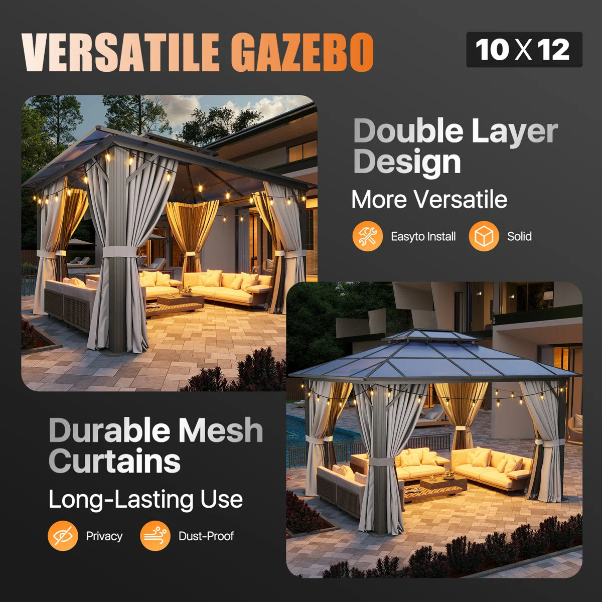 12 Ft. W X 10 Ft. D Aluminum Patio Hardtop Gazebo With String Lights