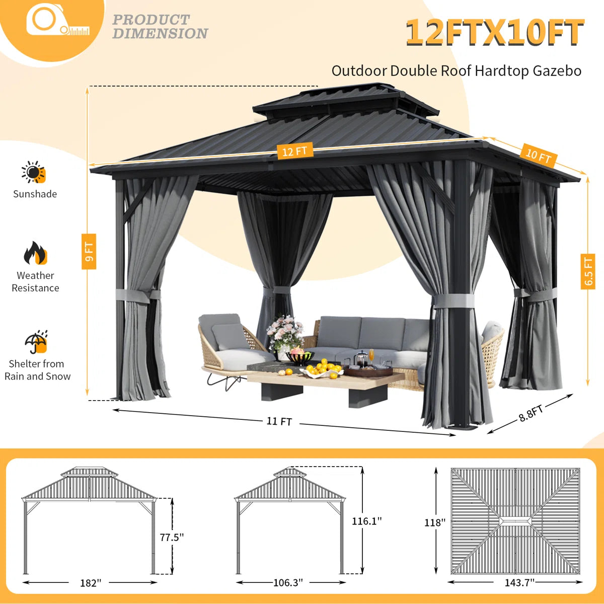 12 Ft. W X 10 Ft. D Hardtop Aluminum Permanent Patio Gazebo