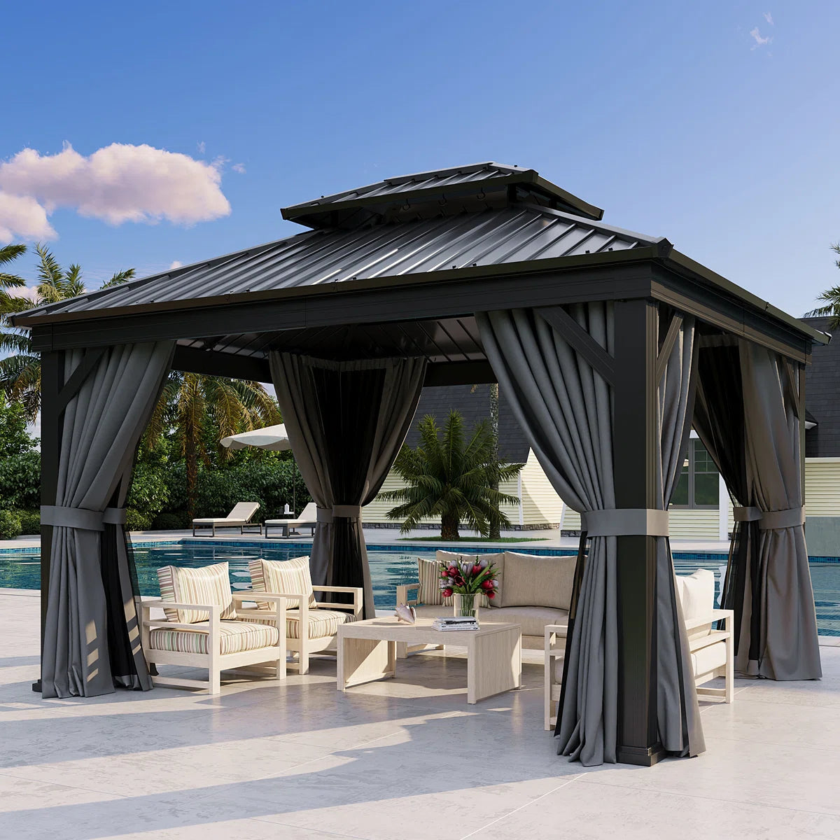 12 Ft. W X 10 Ft. D Metal Easy Install Galvanized Steel Double Roof Patio Gazebo