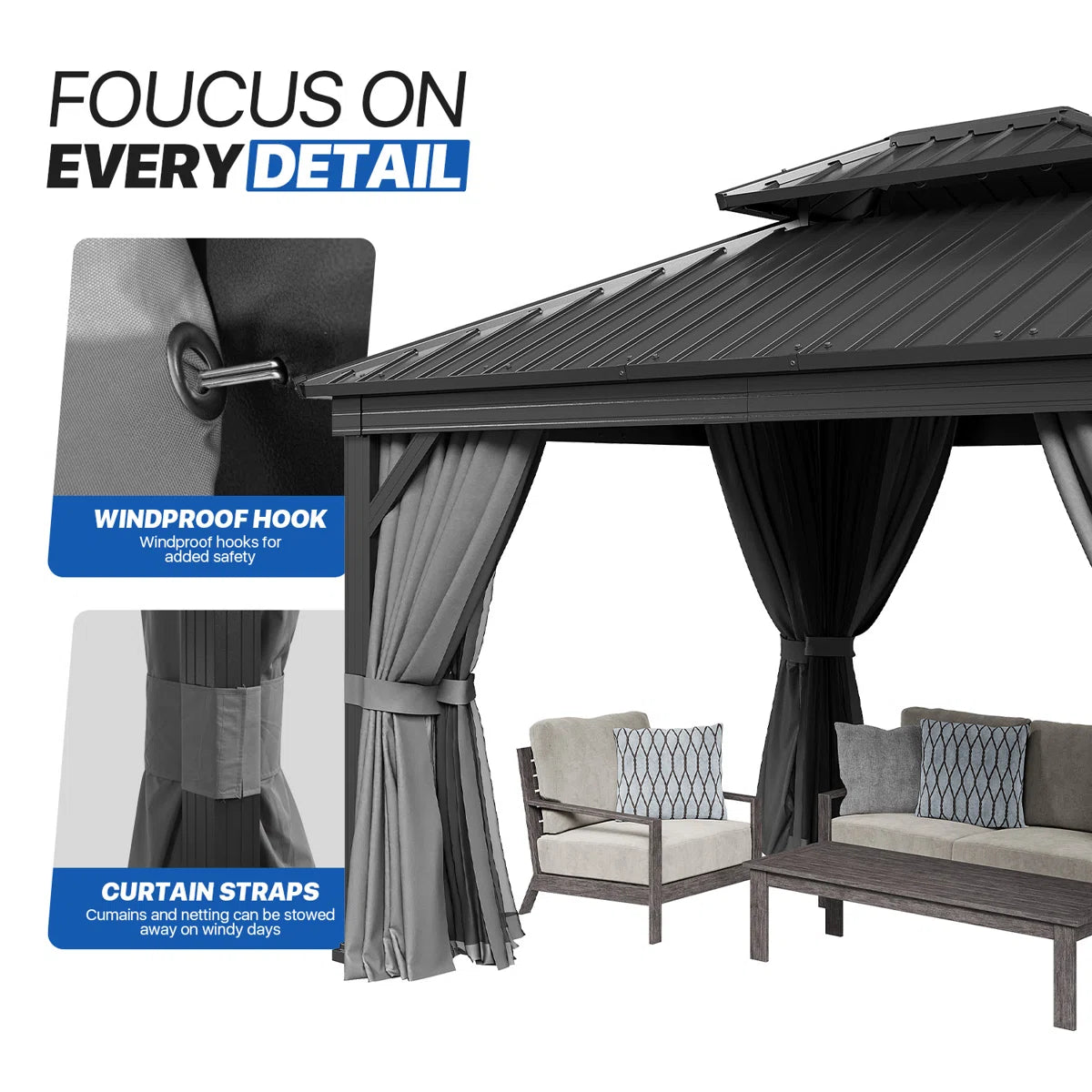 12 Ft. W X 10 Ft. D Metal Easy Install Galvanized Steel Double Roof Patio Gazebo