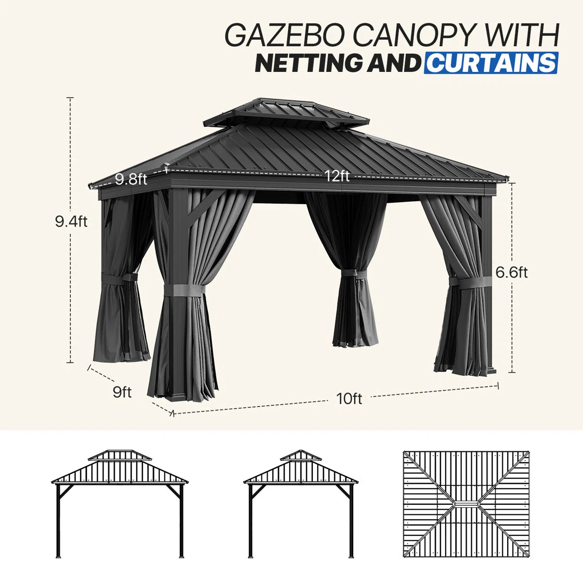 12 Ft. W X 10 Ft. D Metal Easy Install Galvanized Steel Double Roof Patio Gazebo
