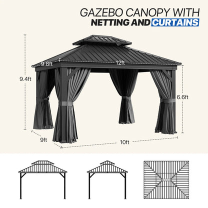 12 Ft. W X 10 Ft. D Metal Easy Install Galvanized Steel Double Roof Patio Gazebo