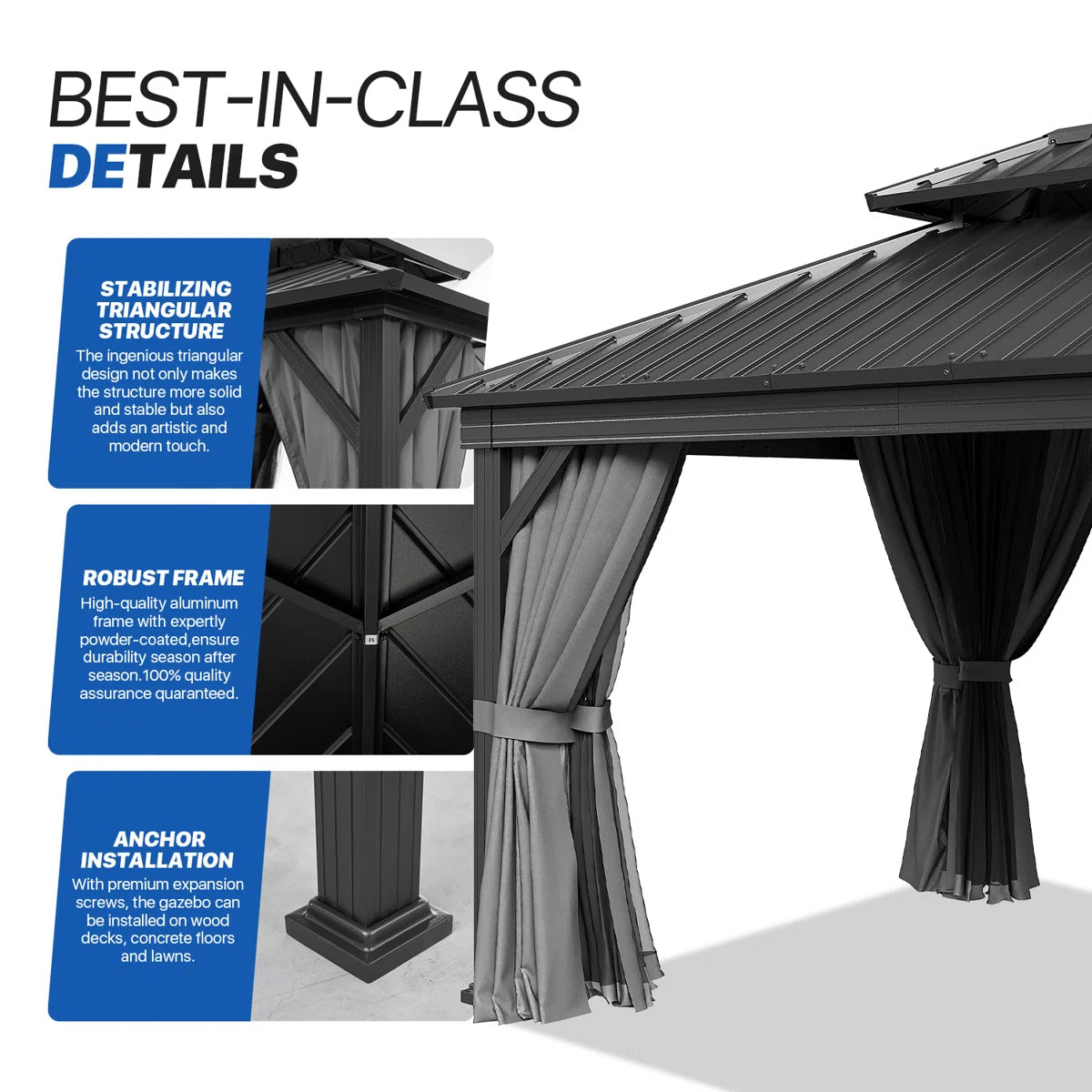 12 Ft. W X 10 Ft. D Metal Easy Install Galvanized Steel Double Roof Patio Gazebo