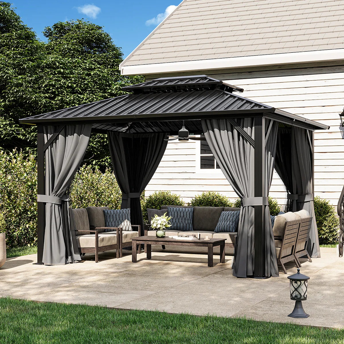 12 Ft. W X 10 Ft. D Metal Patio Gazebo With Illuminated fan
