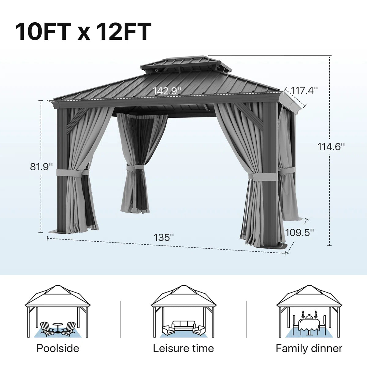 12 Ft. W X 10 Ft. D Metal With Water Guide Roof, 4.7inch Aluminum Post Patio Gazebo