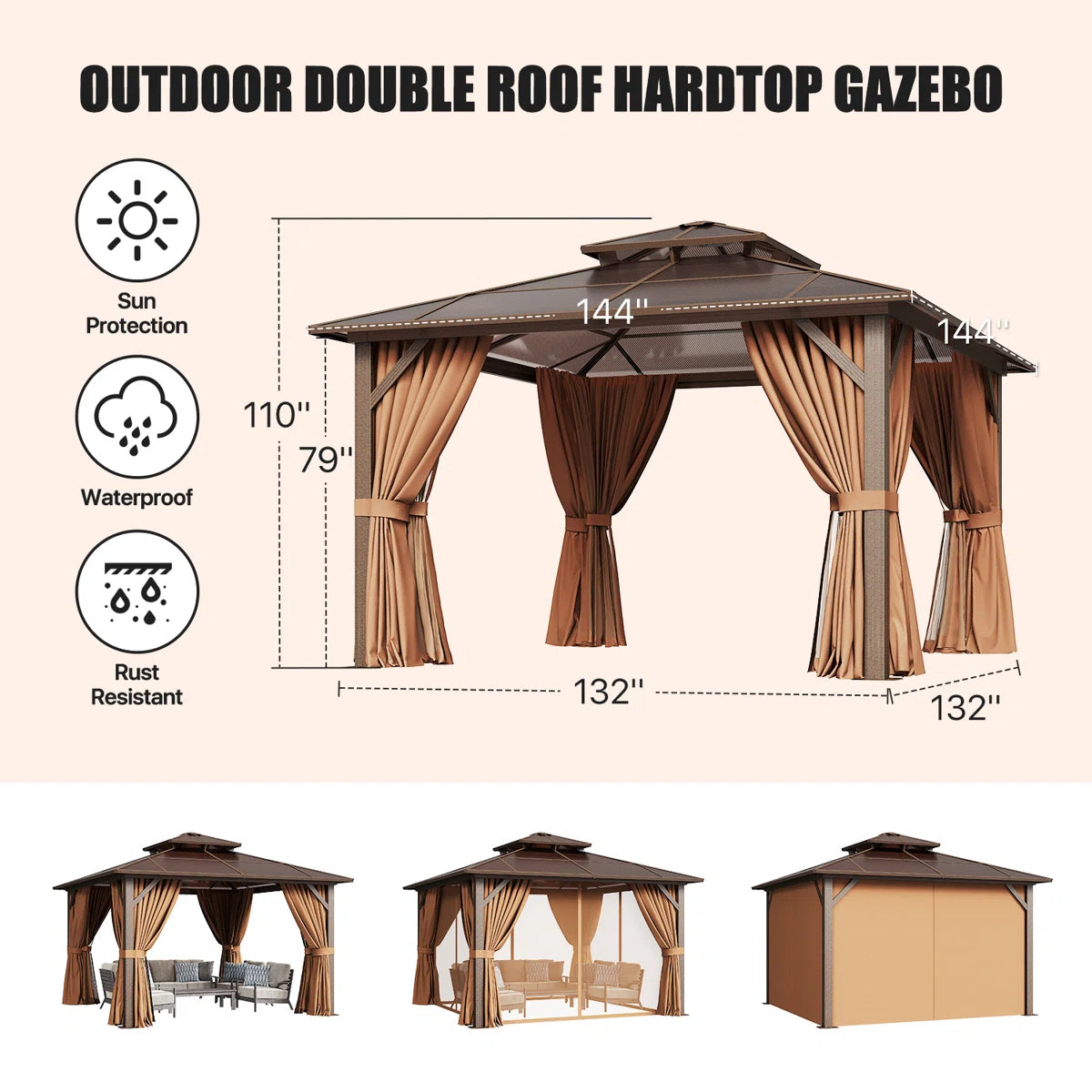 12 Ft. W X 12 Ft. D Aluminum Patio Hardtop Gazebo