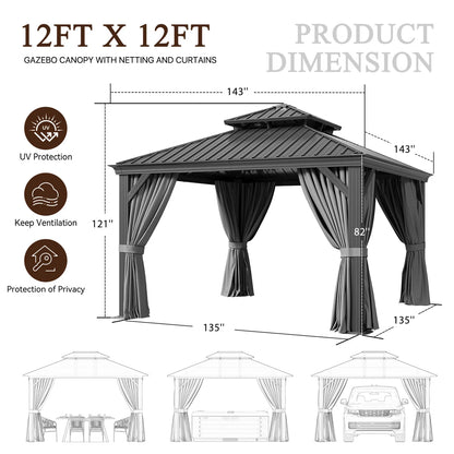 12 Ft. W X 12 Ft. D Metal With Water Guide Roof, 4.7inch Aluminum Post Patio Gazebo