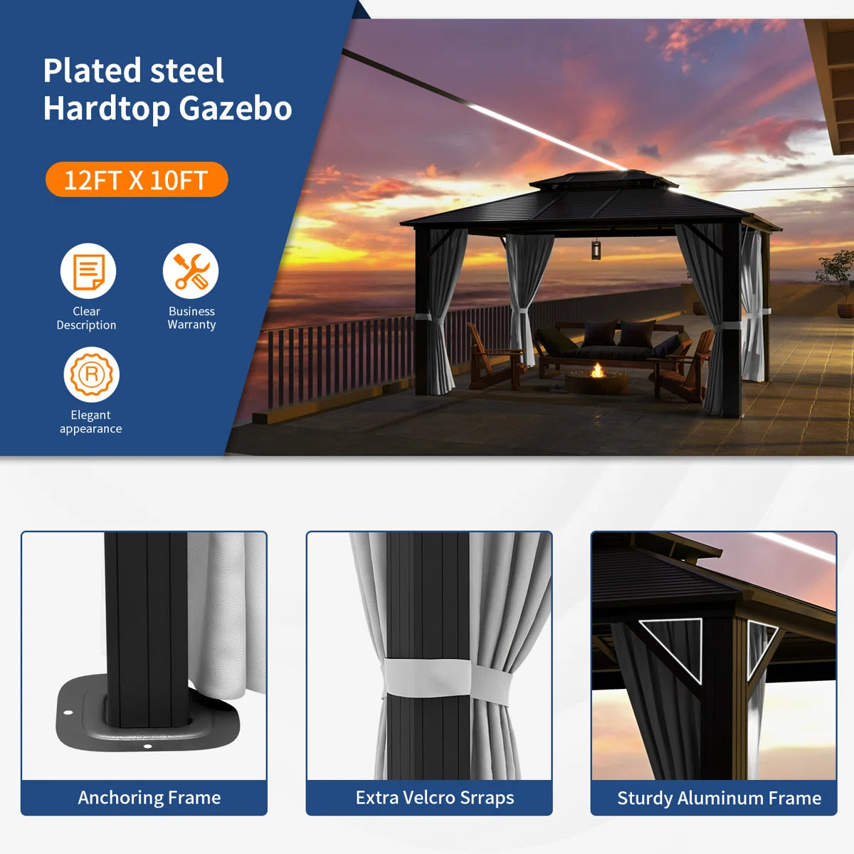 12 Ft. W x 10 Ft. D Aluminum Patio Gazebo