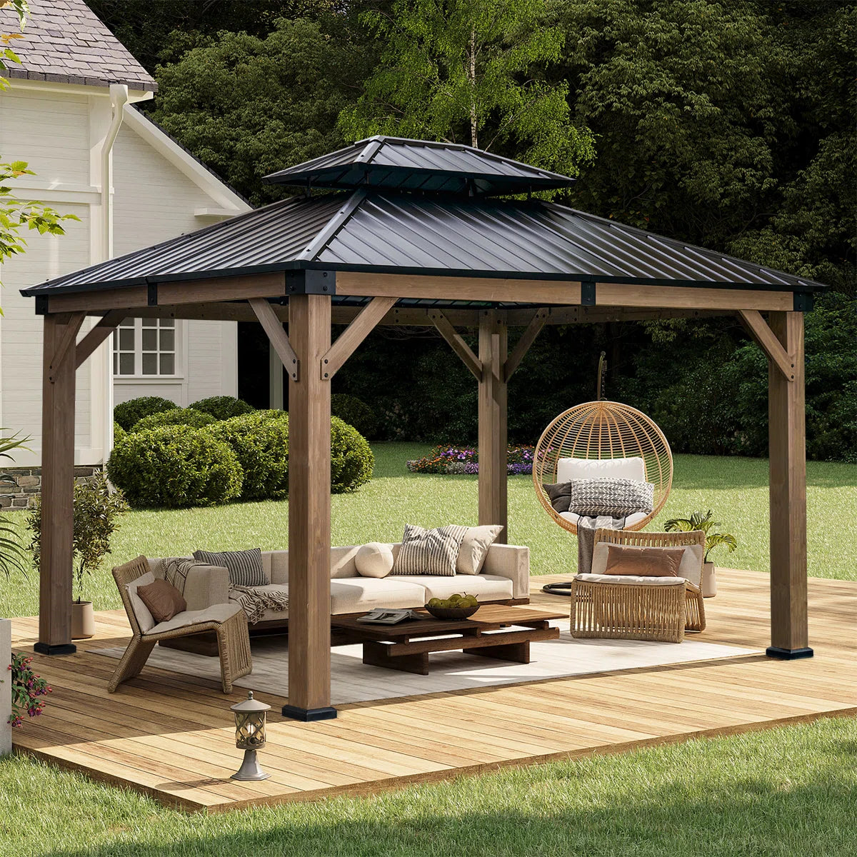 12 X 10 Ft. Soild Wood Gazebo Steel Double Hardtop Roof Gazebos