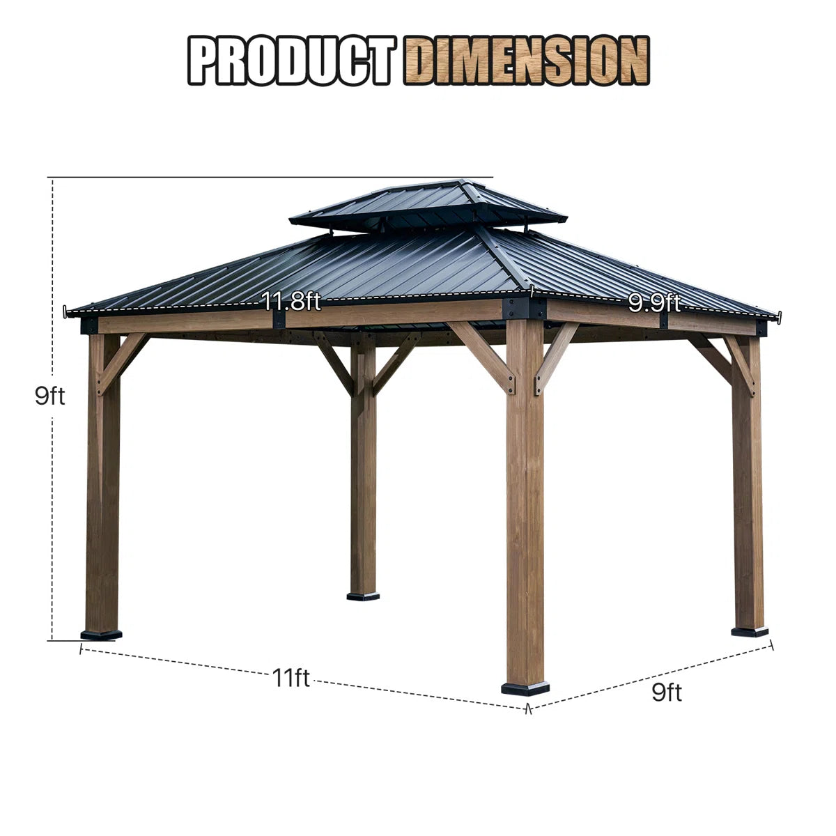 12 X 10 Ft. Soild Wood Gazebo Steel Double Hardtop Roof Gazebos