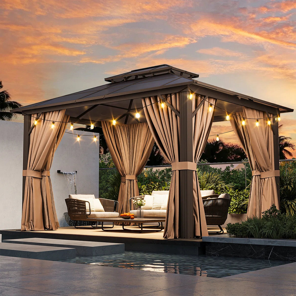 12ft W X 10ft D Aluminum Patio Hardtop Gazebo With String Lights