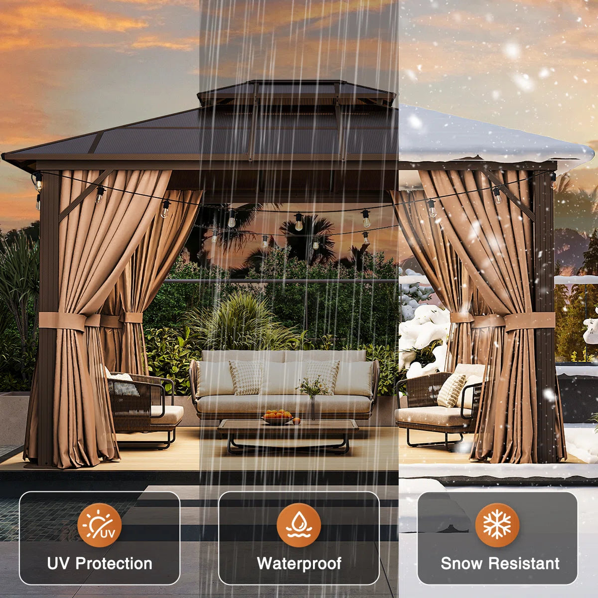 12ft W X 10ft D Aluminum Patio Hardtop Gazebo With String Lights