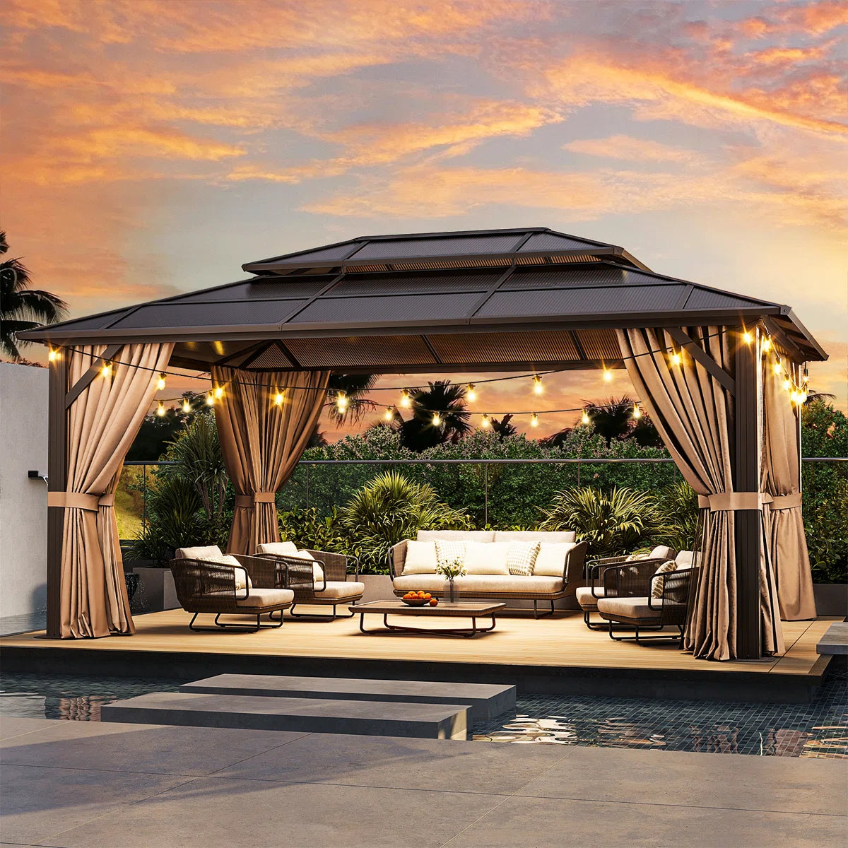 16 Ft. W X 12 Ft. D Double Roof Gazebo With String Lights