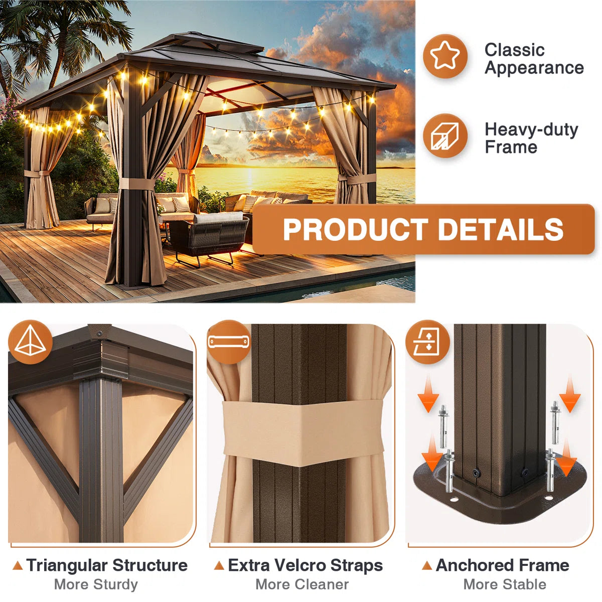 16 Ft. W X 12 Ft. D Double Roof Gazebo With String Lights