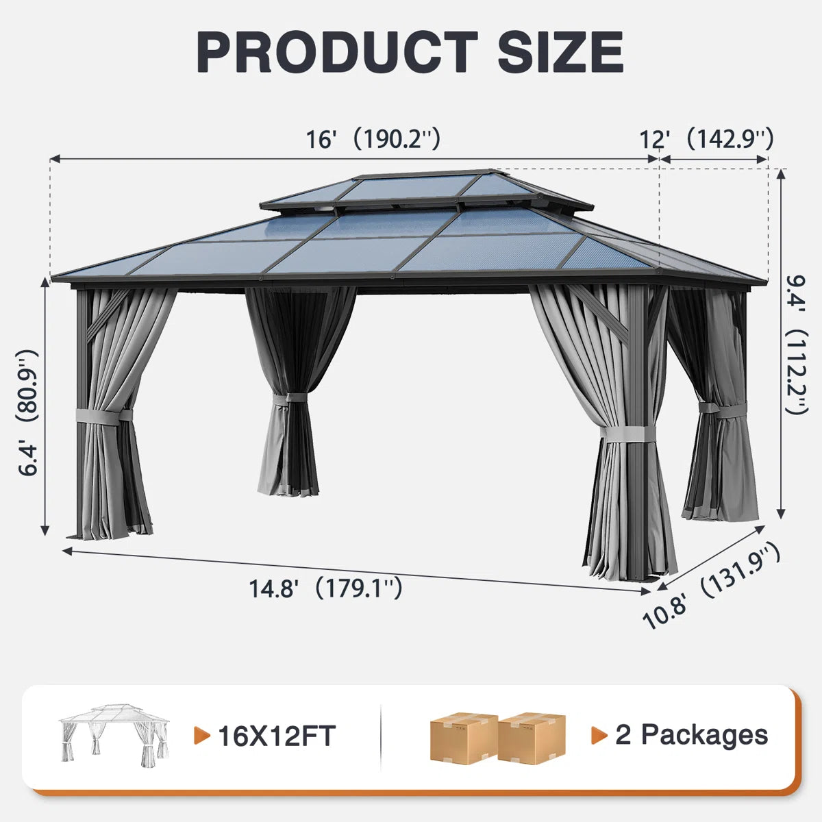 16 Ft. W X 12 Ft. D Metal Patio Gazebo