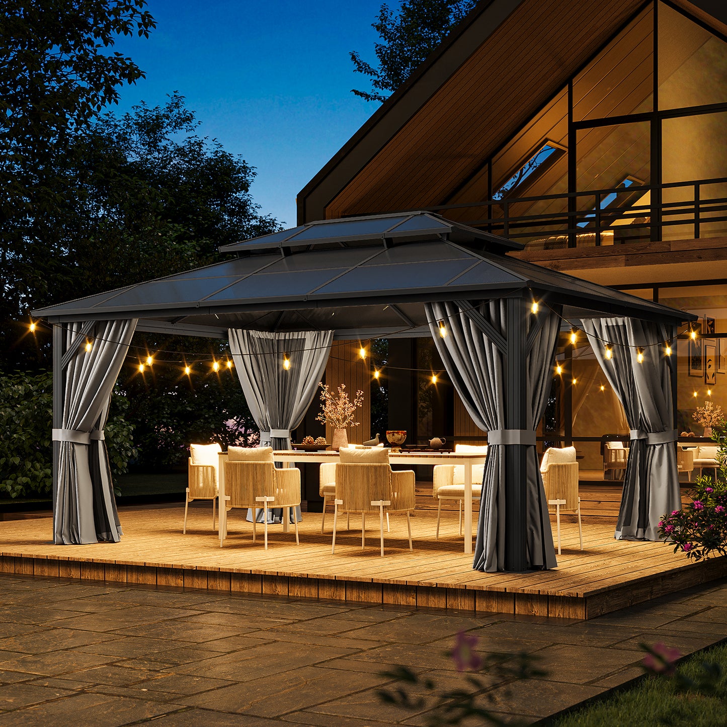 16 Ft. W X 12 Ft. D Metal Patio Gazebo With String Lights