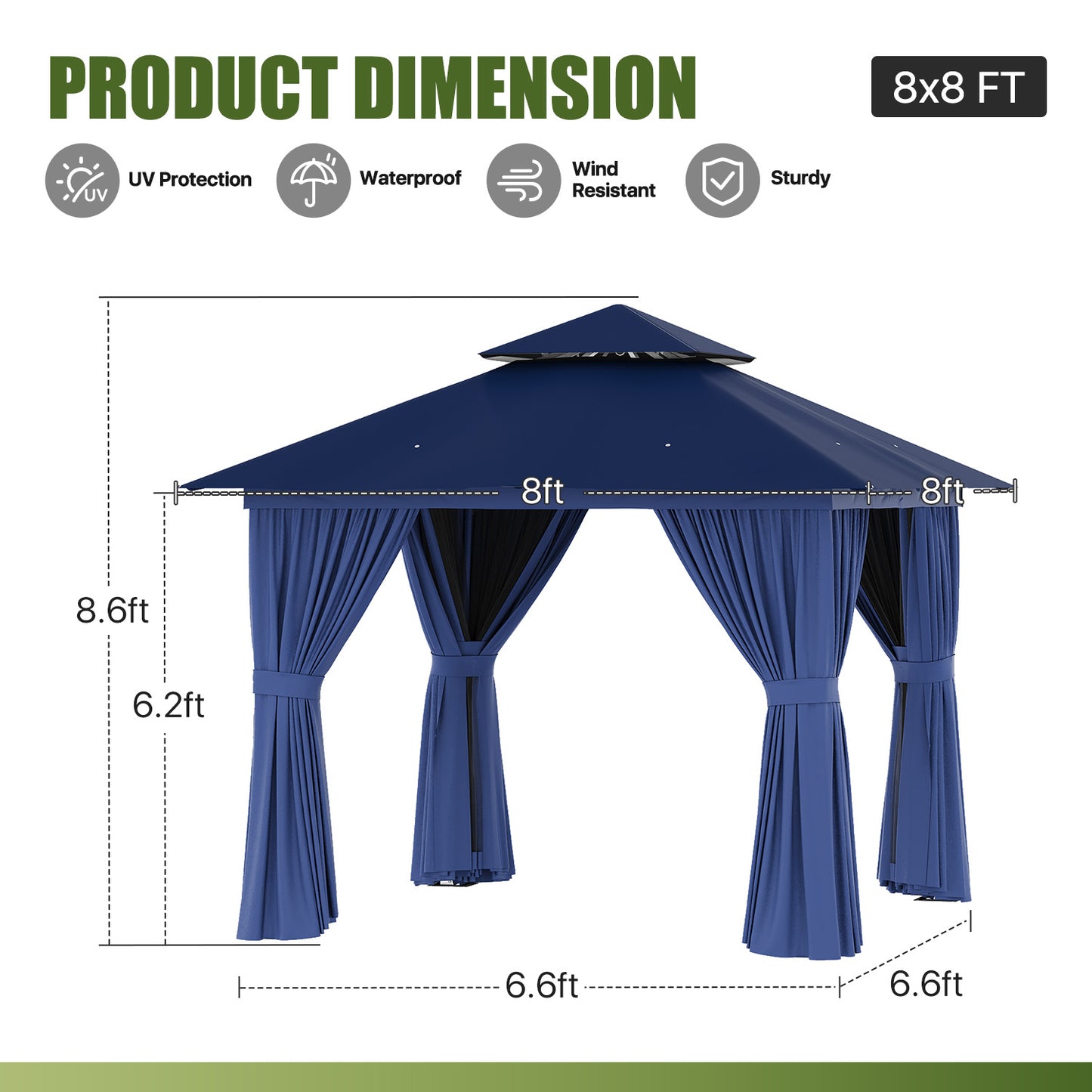 Jolydale 8x8 Ft Outdoor Gazebo With Double Roof, Patio Canopy With Mosquito Netting And Curtains, Suitable For Patios, Lawn And Backyard
