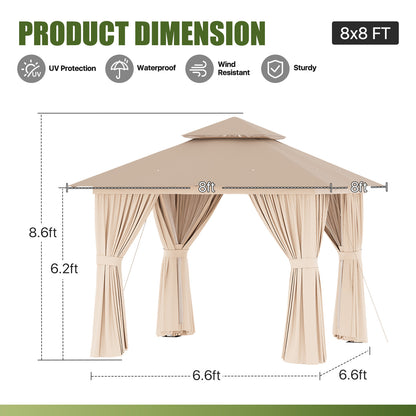 Jolydale 8x8 Ft Outdoor Gazebo With Double Roof, Patio Canopy With Mosquito Netting And Curtains, Suitable For Patios, Lawn And Backyard