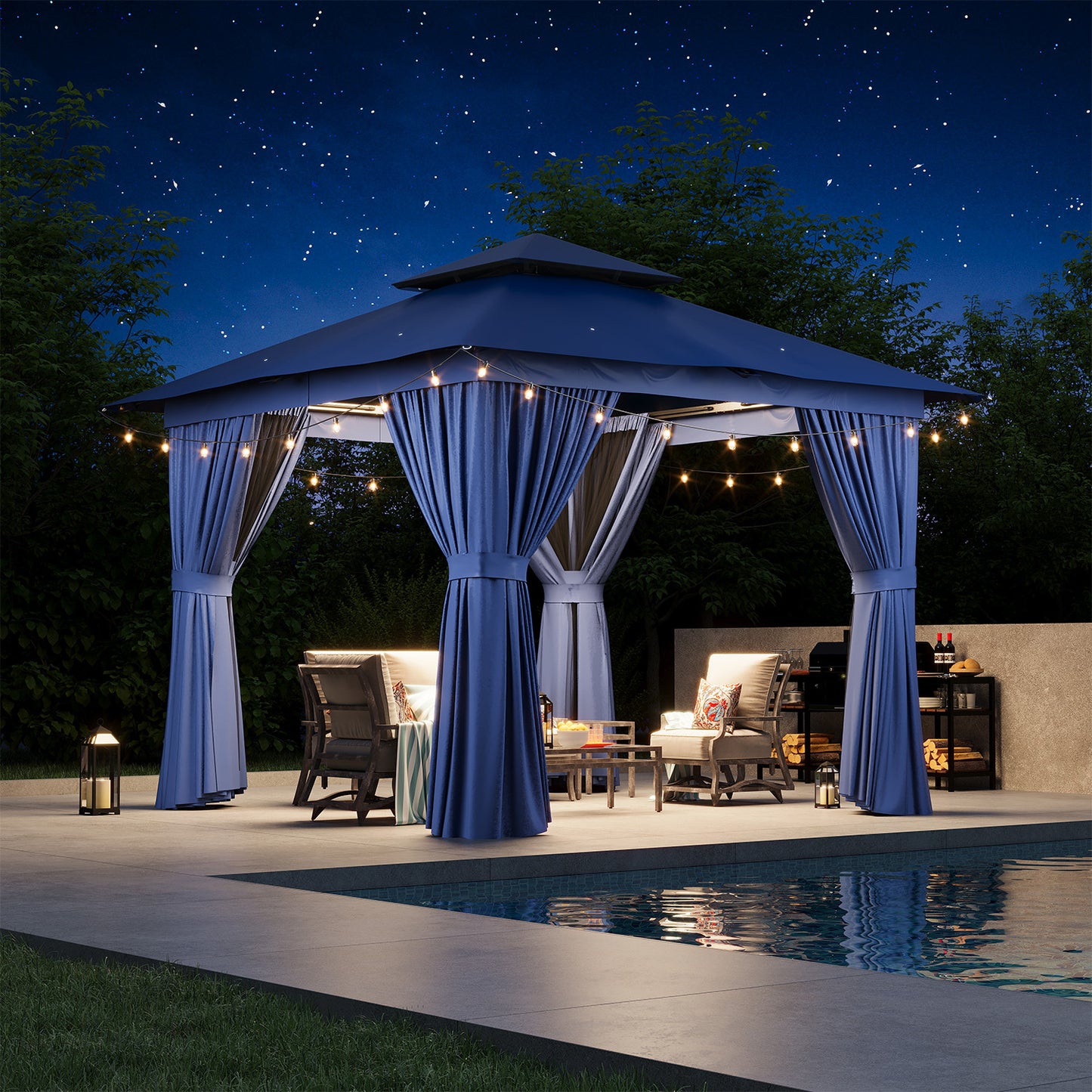 Jolydale 8x8 Ft Outdoor Gazebo With Double Roof, Patio Canopy With Mosquito Netting And Curtains, Suitable For Patios, Lawn And Backyard